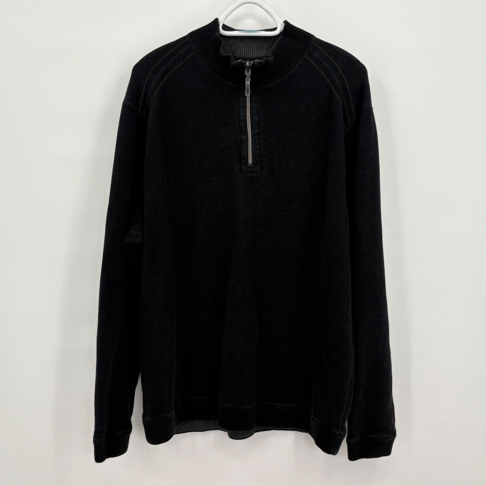 Tommy Bahama Mens Black Quarter‎ Zip Pullover Sweater Contrast Stitch